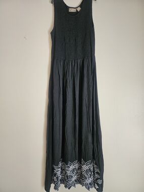 Smocked Black Embroidered Hem Maxi Skirt